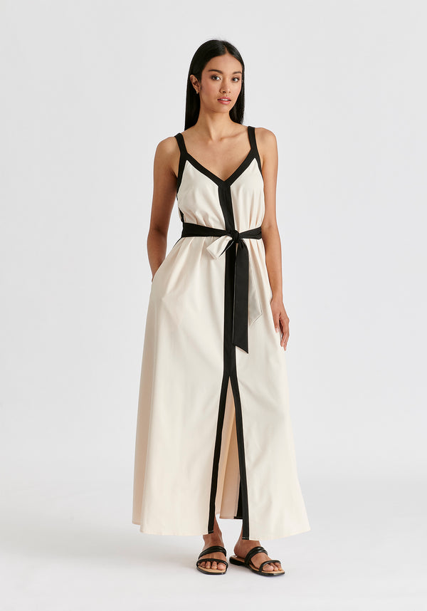 Contrast Trim Midaxi Dress in Beige and Black Front